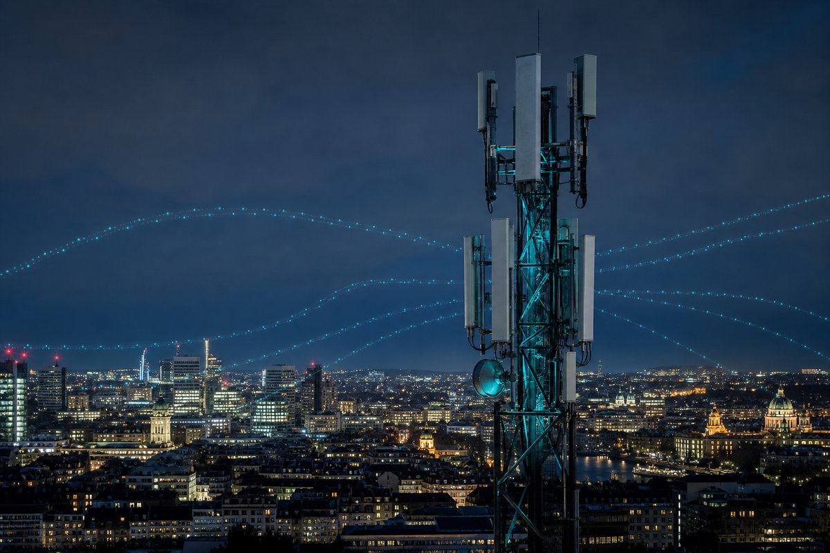 5G antenna tower against a city skyline at dusk with data network visualisation