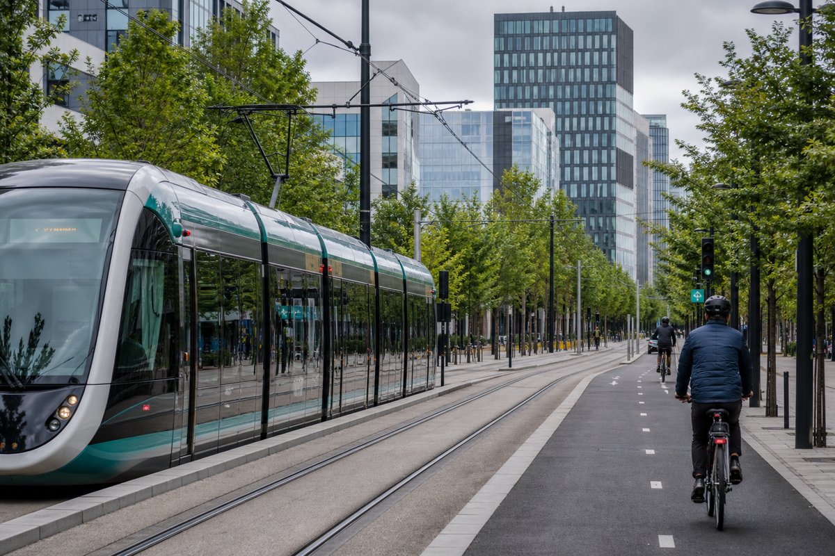 Electric vehicles and cyclists in a modern European smart city with clean architecture and green spaces